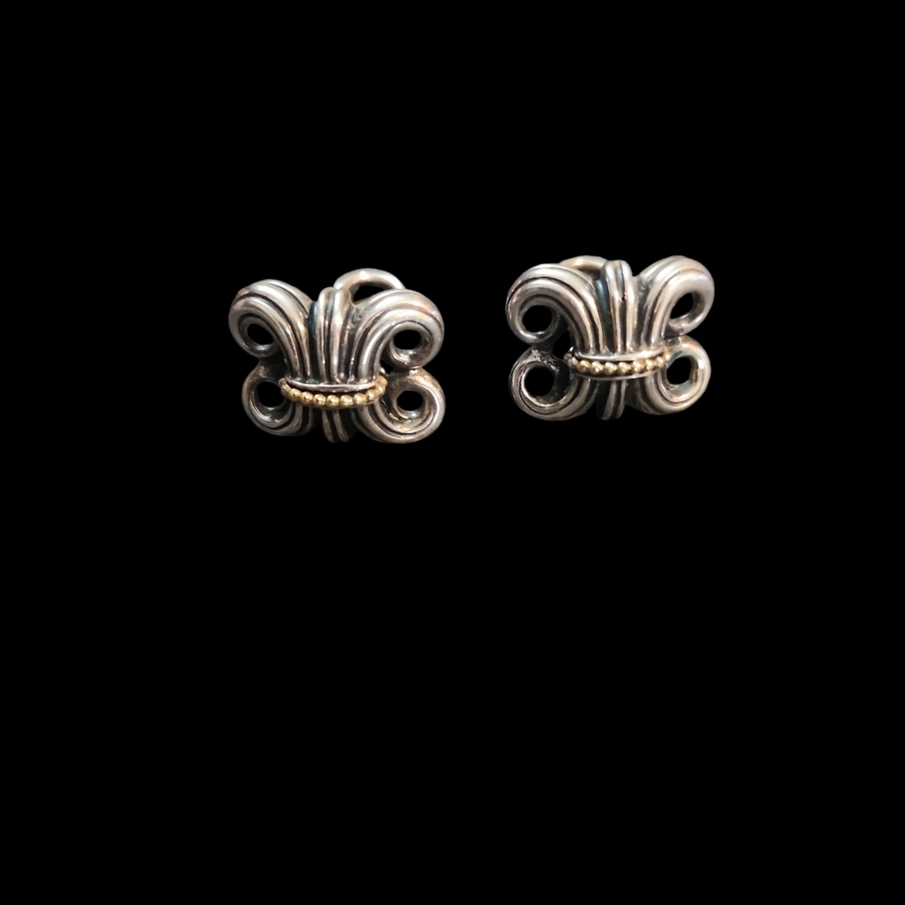 Lagos Sterling Silver 18K Yellow Gold Caviar Wheat Scroll Clip On Earrings - Picture 9 of 9